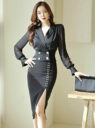 Korea OL Tailored Collar Slim Tops With Hooks Split Mid Skirt ...