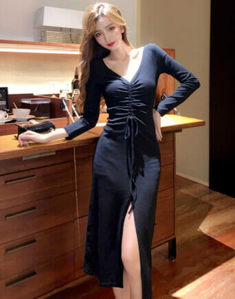 2 Colors Draw-string V-neck Split Cotton Dress • Seoulinspired