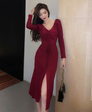 2 Colors Draw-string V-neck Split Cotton Dress • Seoulinspired