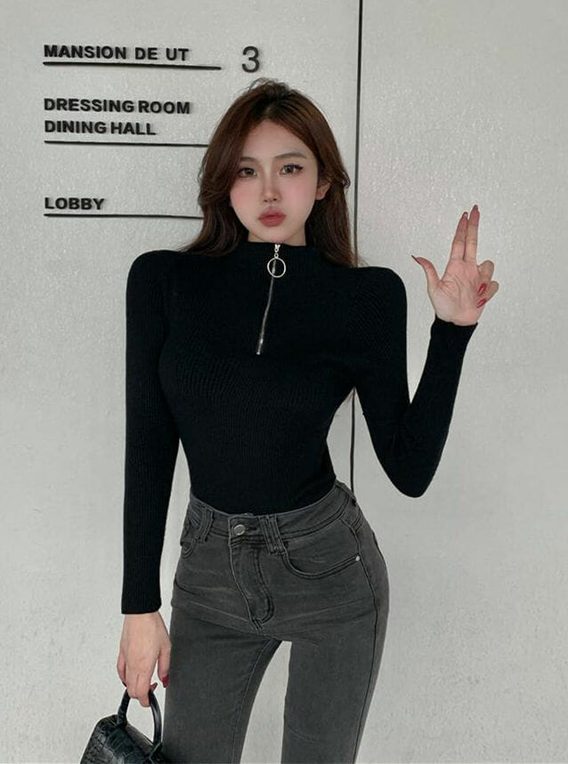 3 Colors Zipper V-Neck Skinny Knitting T-Shirt2 3 Colors Zipper V-neck Skinny Knitting T-shirt 5