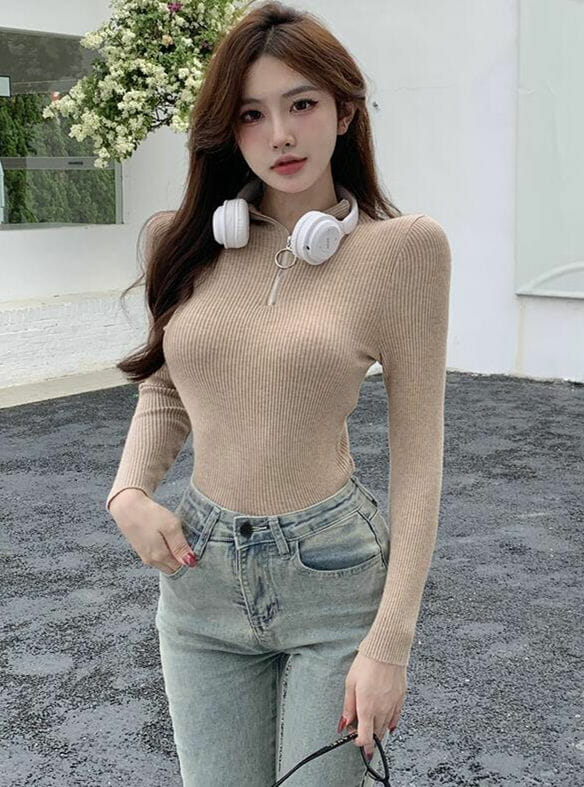 3 Colors Zipper V-Neck Skinny Knitting T-Shirt6 3 Colors Zipper V-neck Skinny Knitting T-shirt 1