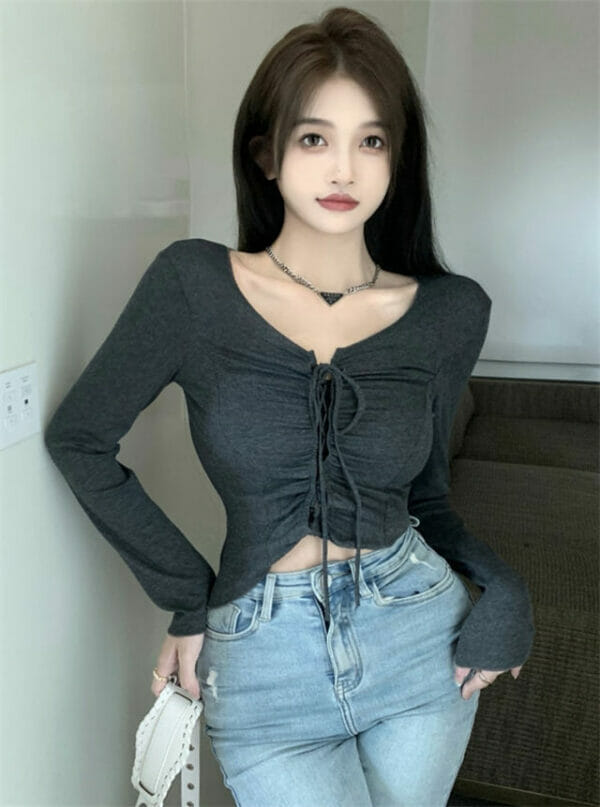 Autumn New 2 Colors Draw-string V-neck Slim Cotton Tees 1