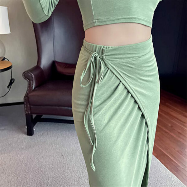 Autumn New 2 Colors Knit Tops with Tie Waist Split Skirt 7