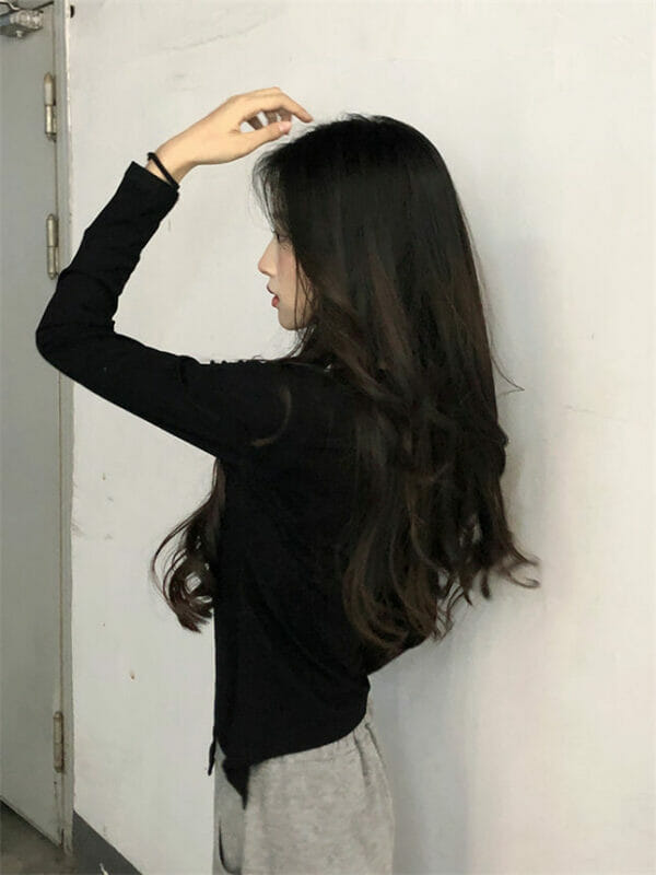 Autumn New 2 Colors Pleated Split Long Sleeve Slim T-shirt 6