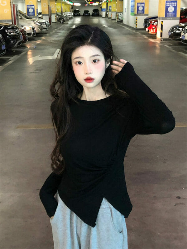 Autumn New 2 Colors Pleated Split Long Sleeve Slim T-shirt 4