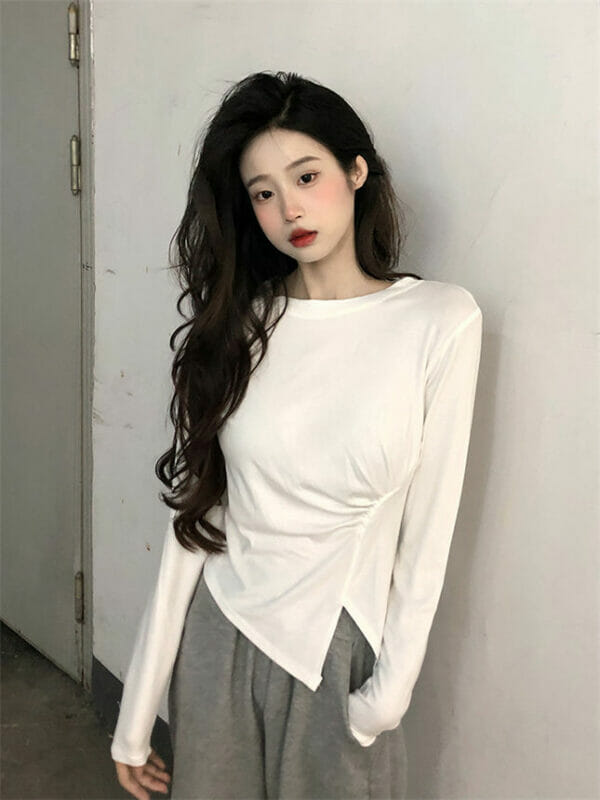 Autumn New 2 Colors Pleated Split Long Sleeve Slim T-shirt 3