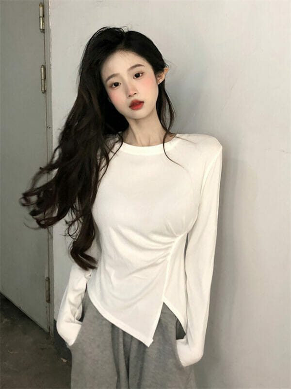 Autumn New 2 Colors Pleated Split Long Sleeve Slim T-shirt 2