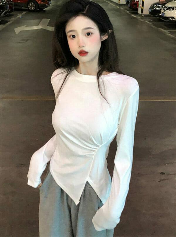 Autumn New 2 Colors Pleated Split Long Sleeve Slim T-shirt 1