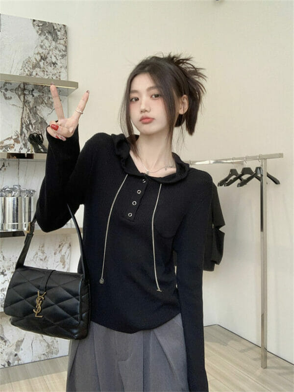 Autumn New 2 Colors Press Buttons Hooded Knitting T-shirt 4