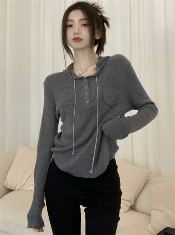 Autumn New 2 Colors Press Buttons Hooded Knitting T-shirt 1