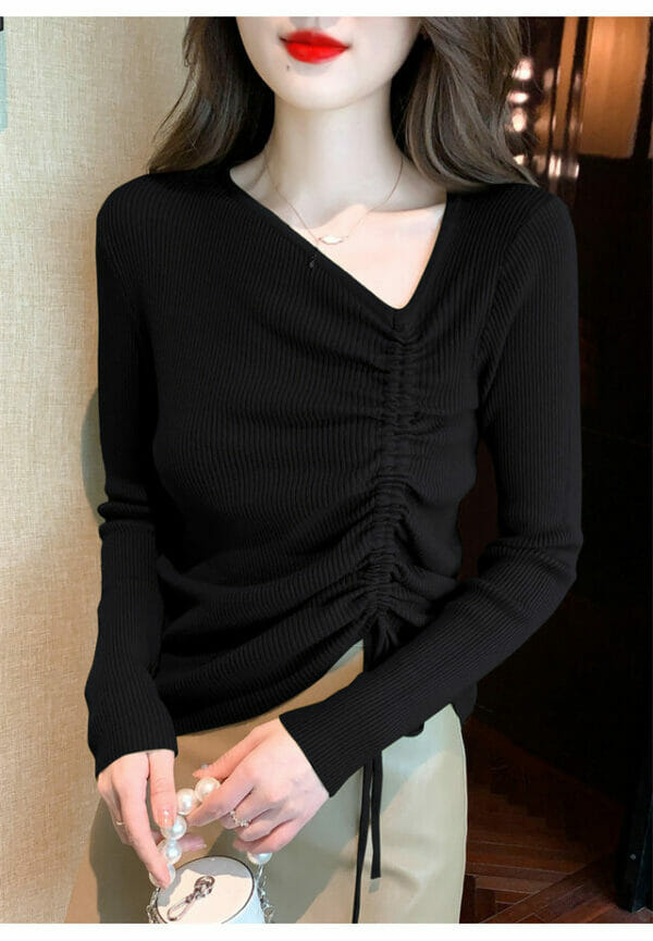 Autumn New 3 Colors Draw-string V-neck Knitting T-shirt 6