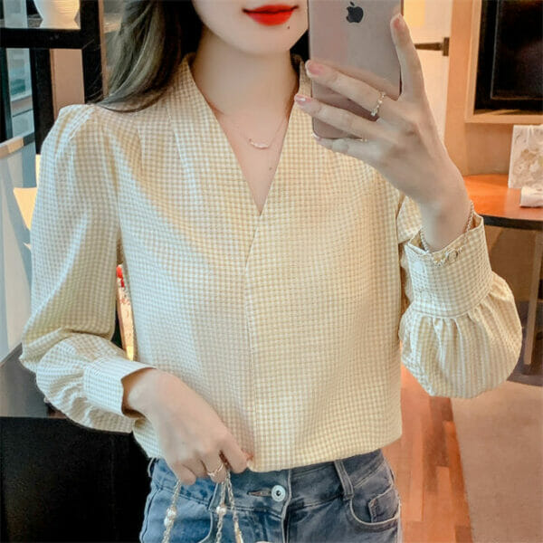 Autumn New Arrive V-neck Plaids Long Sleeve Blouse 3