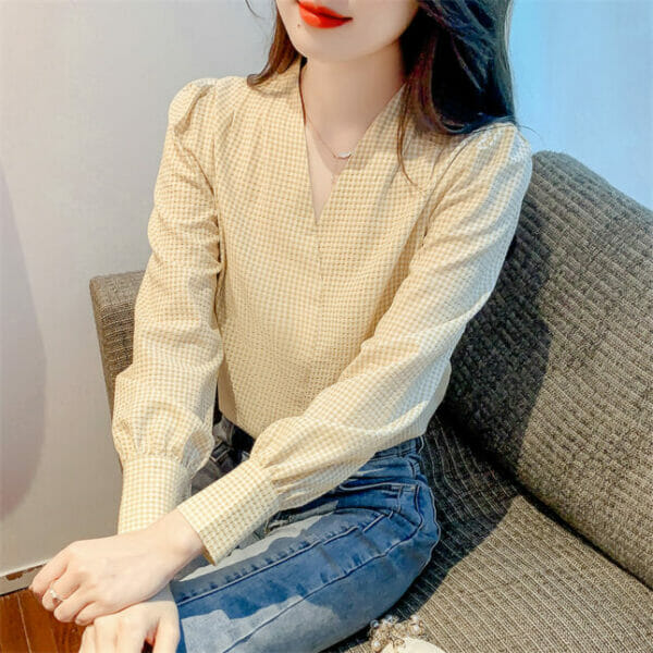 Autumn New Arrive V-neck Plaids Long Sleeve Blouse 2