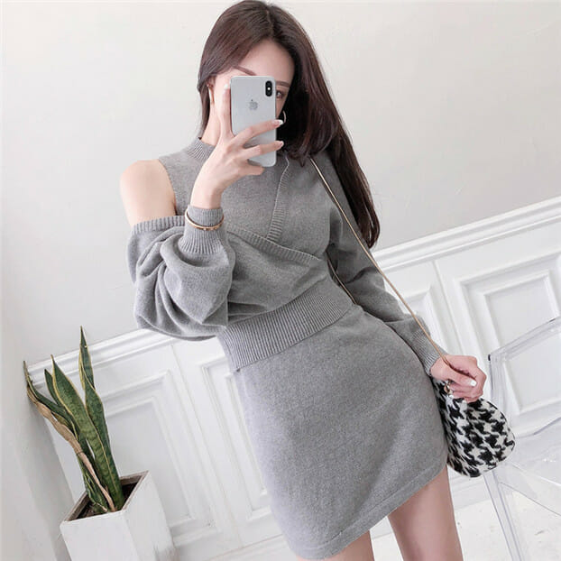 Autumn New Batwing V-Neck Tops With Slim Knit Tank Dress4 Autumn New Batwing V-neck Tops with Slim Knit Tank Dress 3