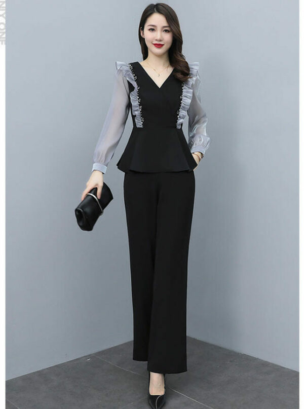 Autumn New Beads Flouncing V-neck Blouse with Long Pants 3