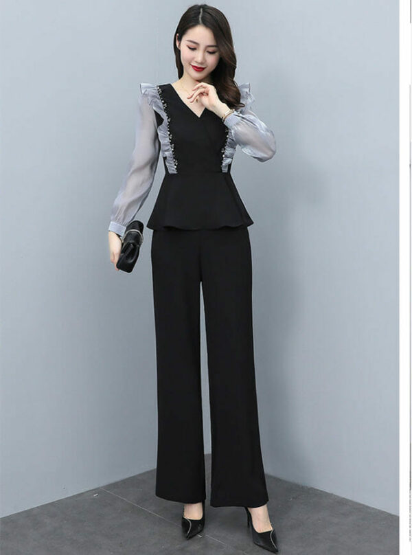 Autumn New Beads Flouncing V-neck Blouse with Long Pants 2