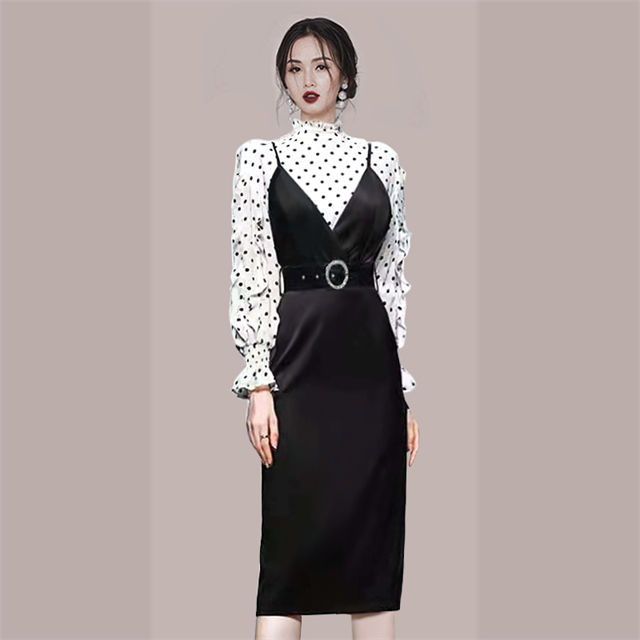 Autumn New Dots Blouse With Fitted Waist Straps Dress2 Autumn New Dots Blouse with Fitted Waist Straps Dress 3