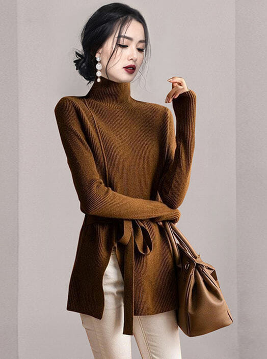 Autumn Tie Waist Split Knitting Long Sleeve T-Shirt3 Autumn Tie Waist Split Knitting Long Sleeve T-shirt 1