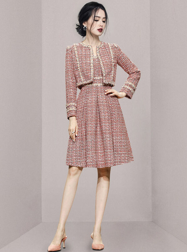 Boutique Fashion Tweed Jacket with High Waist A-line Dress 2