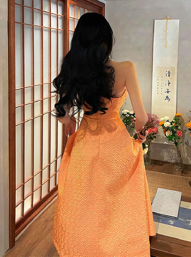 Brand Fashion Embossing High Waist Strapless A-Line Dress Brand Fashion Embossing High Waist Strapless A-line Dress 5