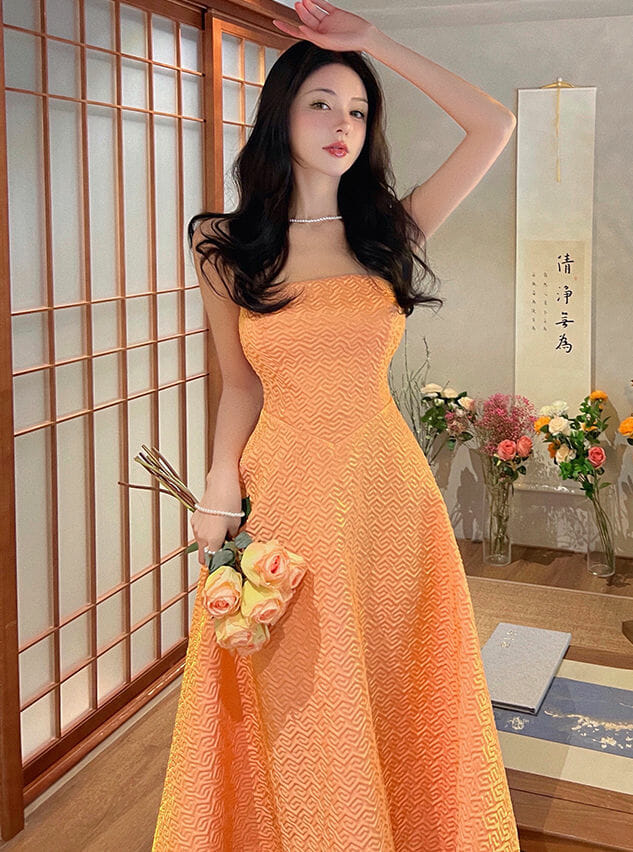 Brand Fashion Embossing High Waist Strapless A-Line Dress5 Brand Fashion Embossing High Waist Strapless A-line Dress 1