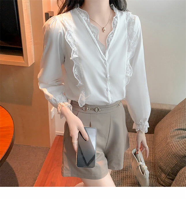 Charm Korea Lace V-Neck Puff Sleeve Chiffon Blouse3 Charm Korea Lace V-neck Puff Sleeve Chiffon Blouse 3