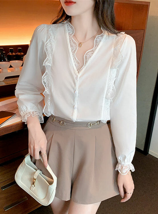 Charm Korea Lace V-Neck Puff Sleeve Chiffon Blouse5 Charm Korea Lace V-neck Puff Sleeve Chiffon Blouse 1