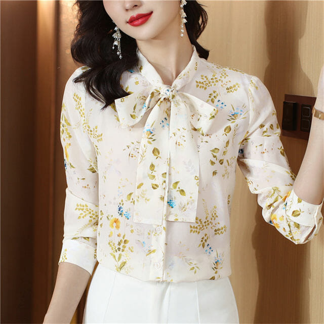 Charming Grace Bowknot Collar Flowers Chiffon Blouse2 Charming Grace Bowknot Collar Flowers Chiffon Blouse 4