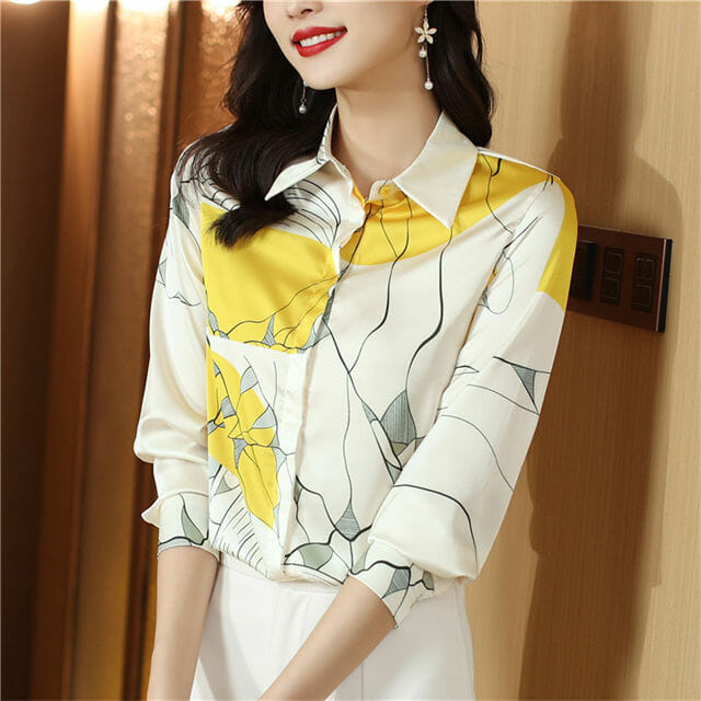 Charming Grace Color Block Flowers Casual Silk Blouse3 Charming Grace Color Block Flowers Casual Silk Blouse 3