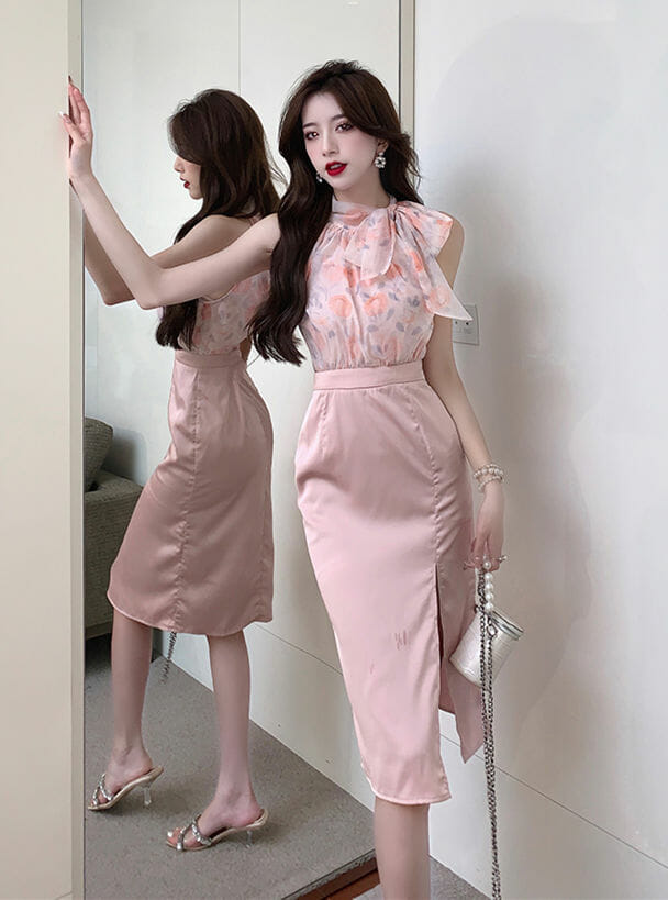 Charming Grace Flowers Tie Bowknot Collar Split Pleated Dress2 Charming Grace Flowers Tie Bowknot Collar Split Pleated Dress 4