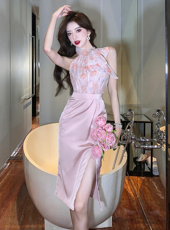 Charming Grace Flowers Tie Bowknot Collar Split Pleated Dress3 Charming Grace Flowers Tie Bowknot Collar Split Pleated Dress 3