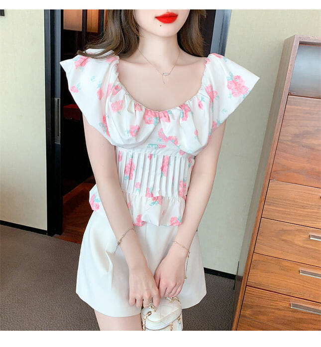 Charming Korea Boat Neck Flowers Pleated Slim Blouse2 Charming Korea Boat Neck Flowers Pleated Slim Blouse 4