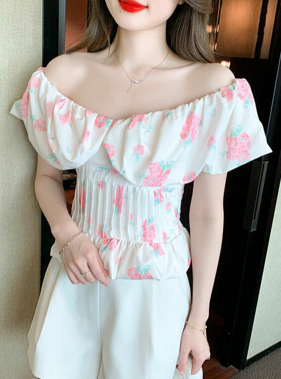 Charming Korea Boat Neck Flowers Pleated Slim Blouse5 Charming Korea Boat Neck Flowers Pleated Slim Blouse 1