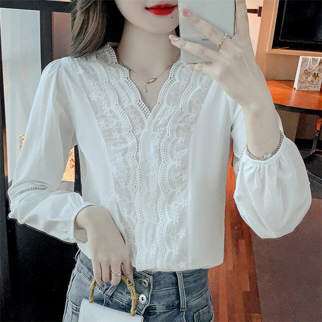 Charming Ol Lace Flowers V-Neck Splicing Puff Sleeve Blouse3 Charming OL Lace Flowers V-neck Splicing Puff Sleeve Blouse 3