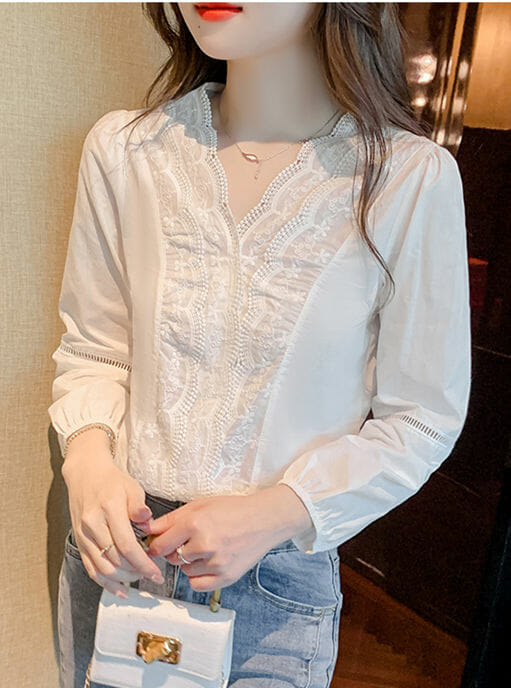 Charming Ol Lace Flowers V-Neck Splicing Puff Sleeve Blouse5 Charming OL Lace Flowers V-neck Splicing Puff Sleeve Blouse 1