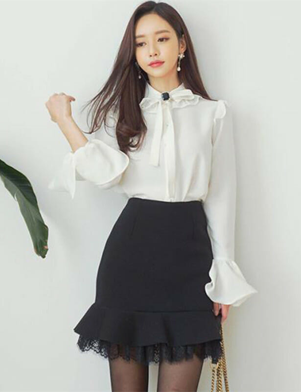 Charming Ol Tie Bowknot Blouse With Lace Fishtail Skirt4 Charming OL Tie Bowknot Blouse with Lace Fishtail Skirt 1