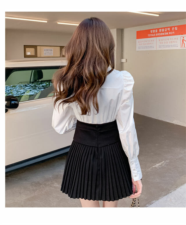 Chic Lady Beads Shirt Collar Blouse With Pleated Short Skirt Chic Lady Beads Shirt Collar Blouse with Pleated Short Skirt 6