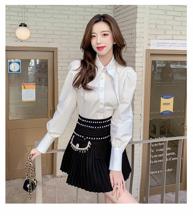 Chic Lady Beads Shirt Collar Blouse With Pleated Short Skirt1 Chic Lady Beads Shirt Collar Blouse with Pleated Short Skirt 5