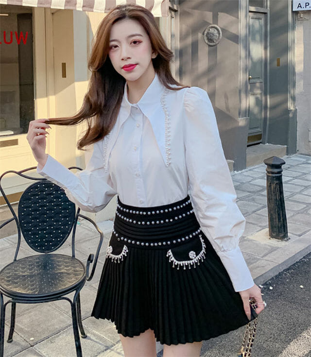 Chic Lady Beads Shirt Collar Blouse With Pleated Short Skirt2 Chic Lady Beads Shirt Collar Blouse with Pleated Short Skirt 4