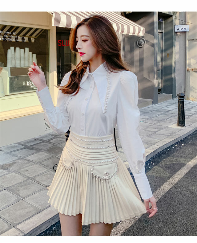Chic Lady Beads Shirt Collar Blouse With Pleated Short Skirt3 Chic Lady Beads Shirt Collar Blouse with Pleated Short Skirt 3