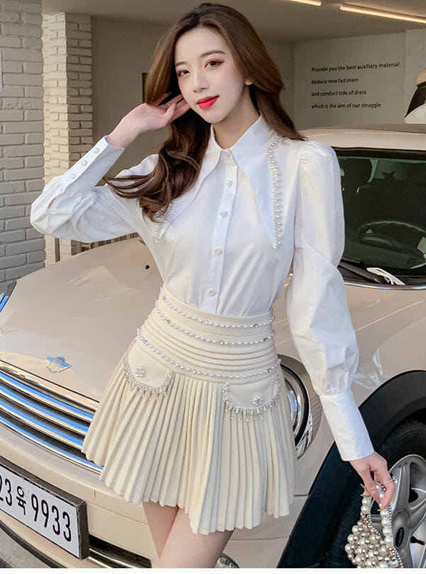 Chic Lady Beads Shirt Collar Blouse With Pleated Short Skirt5 Chic Lady Beads Shirt Collar Blouse with Pleated Short Skirt 1