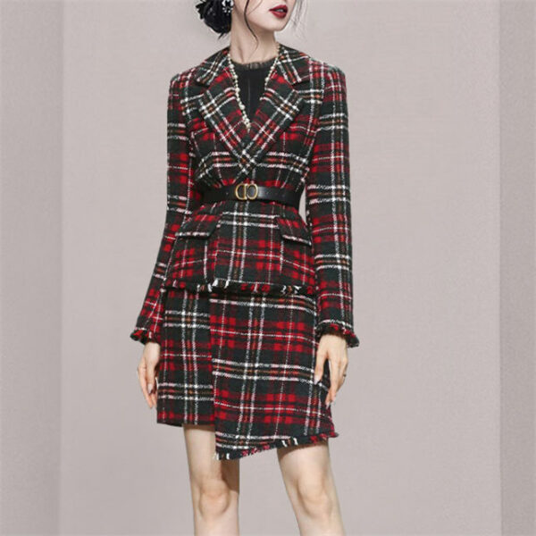 Classic Fashion Tailored Collar Plaids Woolen Dress Set 3