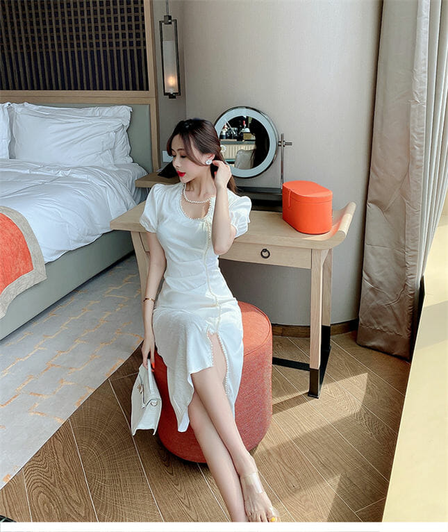 Elegant Fashion Beads Split Puff Sleeve Pleated Slim Dress Elegant Fashion Beads Split Puff Sleeve Pleated Slim Dress 5