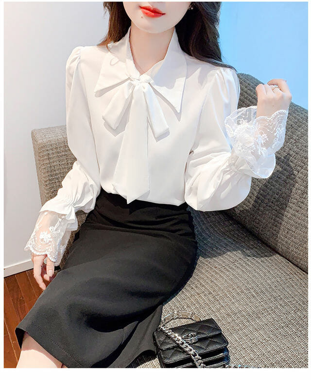 Elegant Fashion Tie Collar Lace Puff Sleeve Loosen Blouse Elegant Fashion Tie Collar Lace Puff Sleeve Loosen Blouse 5