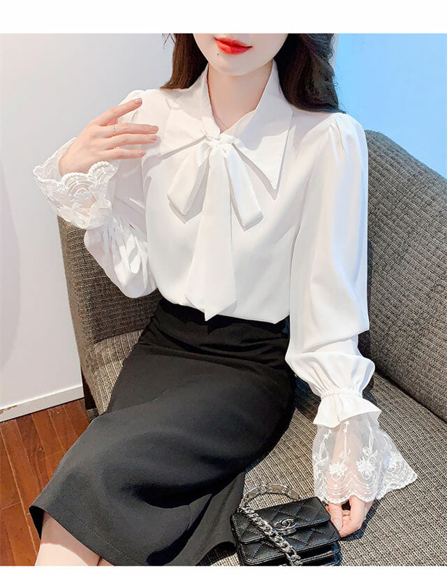 Elegant Fashion Tie Collar Lace Puff Sleeve Loosen Blouse2 Elegant Fashion Tie Collar Lace Puff Sleeve Loosen Blouse 3