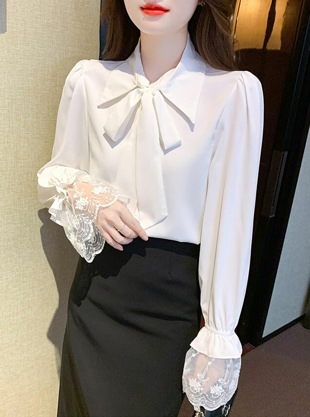 Elegant Fashion Tie Collar Lace Puff Sleeve Loosen Blouse4 Elegant Fashion Tie Collar Lace Puff Sleeve Loosen Blouse 1