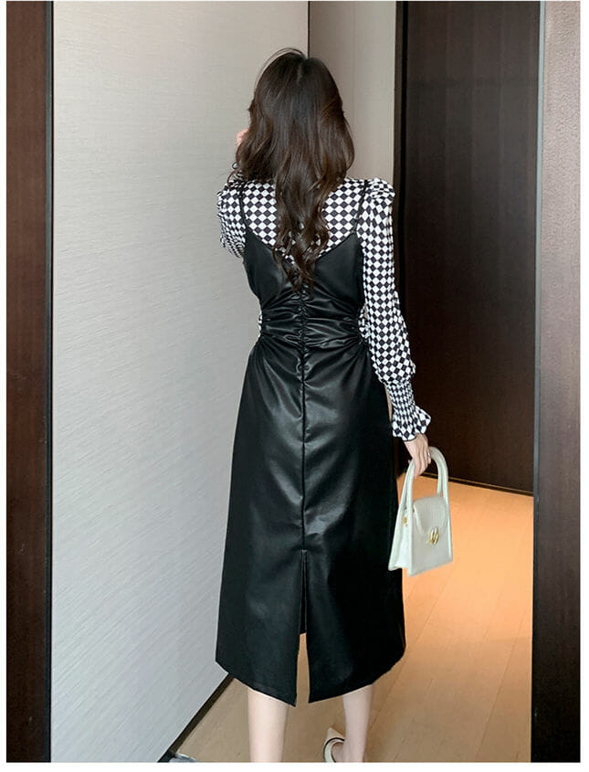 Elegant Lady 2 Colors Plaids Tops With Straps Leather Long Dress Elegant Lady 2 Colors Plaids Tops with Straps Leather Long Dress 6