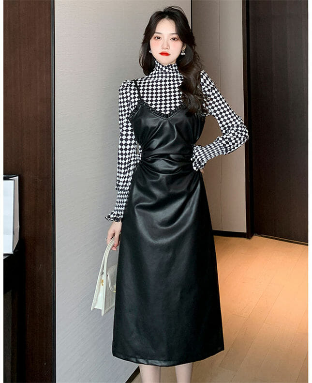Elegant Lady 2 Colors Plaids Tops With Straps Leather Long Dress3 Elegant Lady 2 Colors Plaids Tops with Straps Leather Long Dress 4