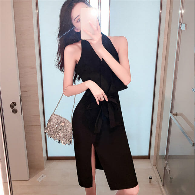 Elegant Sexy 2 Colors Backless Tie Waist Halter Dress2 Elegant Sexy 2 Colors Backless Tie Waist Halter Dress 5