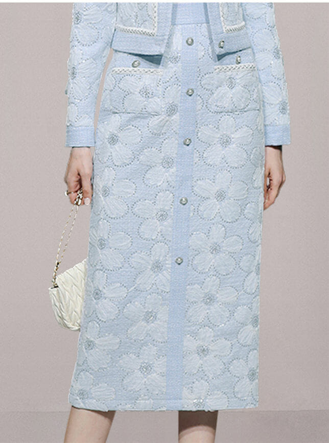 Elegant Women Single-Breasted Flowers Embroidery Slim Dress Set Elegant Women Single-breasted Flowers Embroidery Slim Dress Set 5